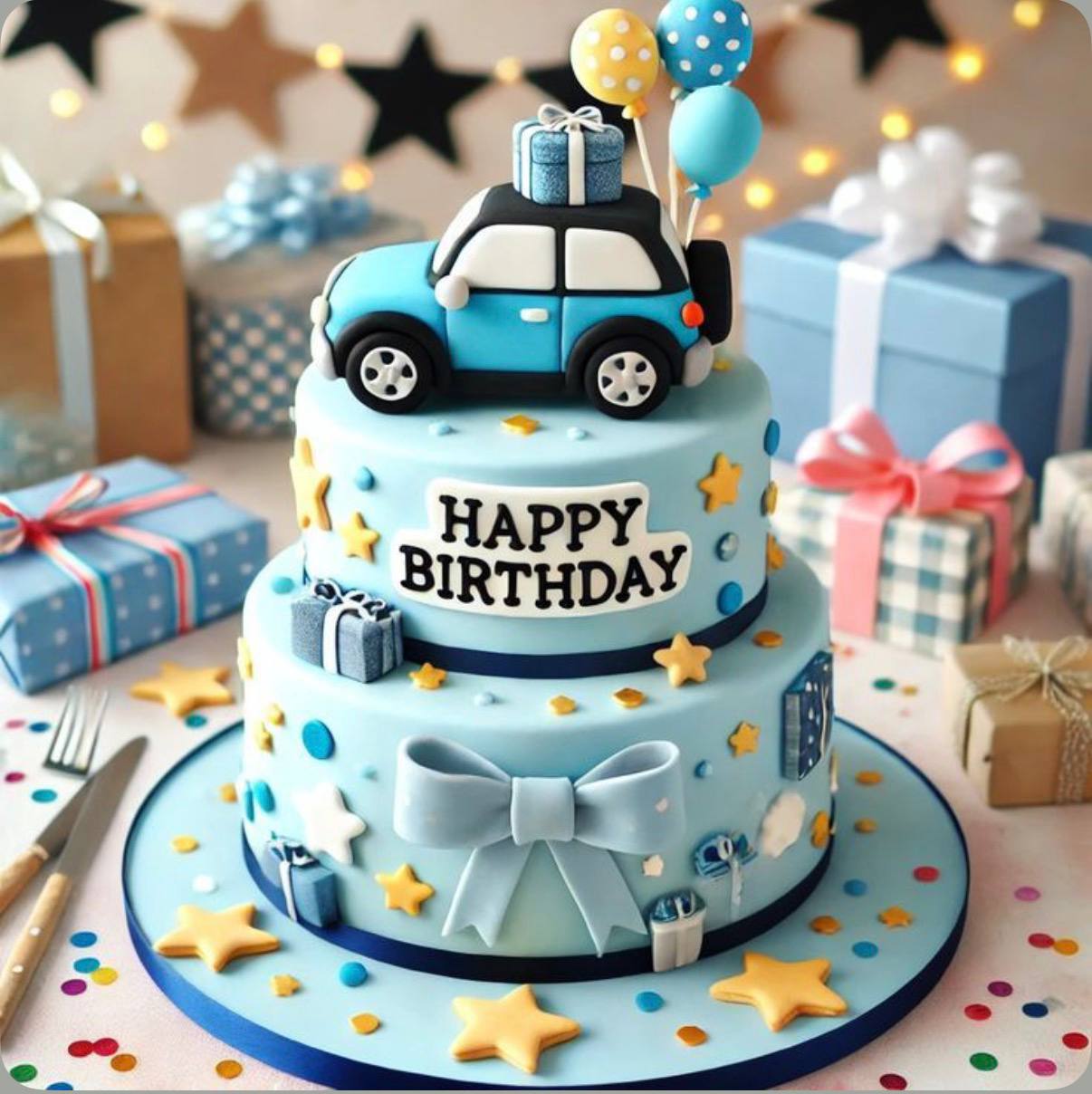 Blue birthday cake with bow
